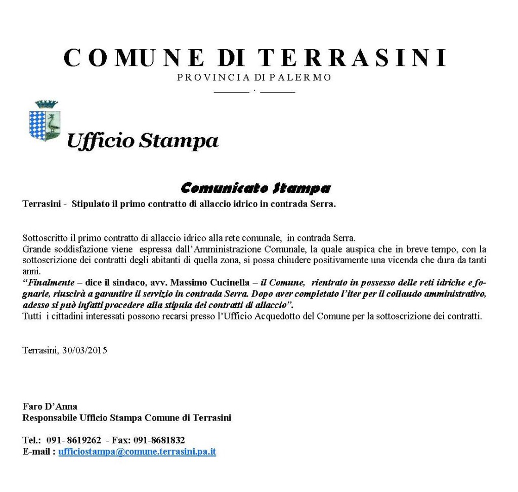 comunicato stampa allaccio idrico